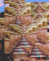 a picture of a woman with glasses and pearls on her face